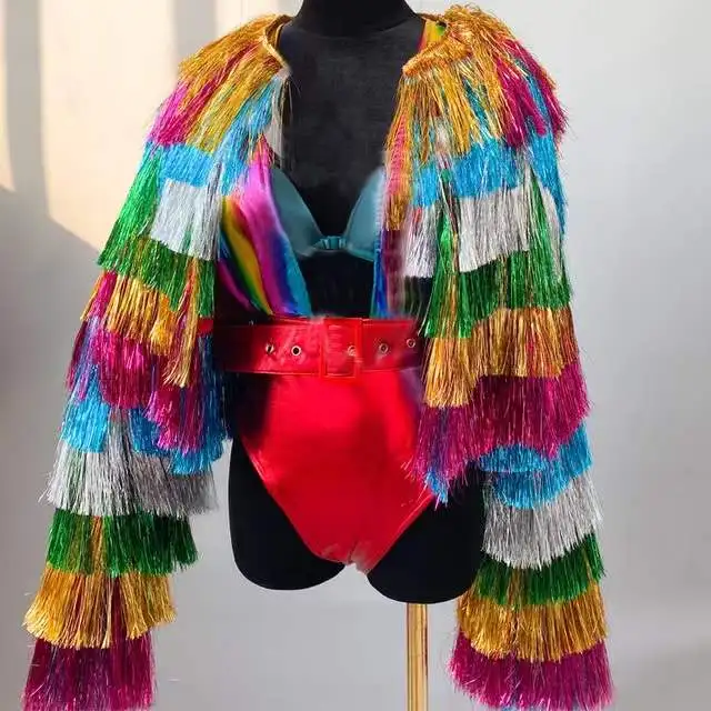 Women Gogo Dancer Costume Pole Dance Festival Outfit Bar Nightclub Dj Ds Colorful Fringed Coat Headwear Rainbow Bodysuit