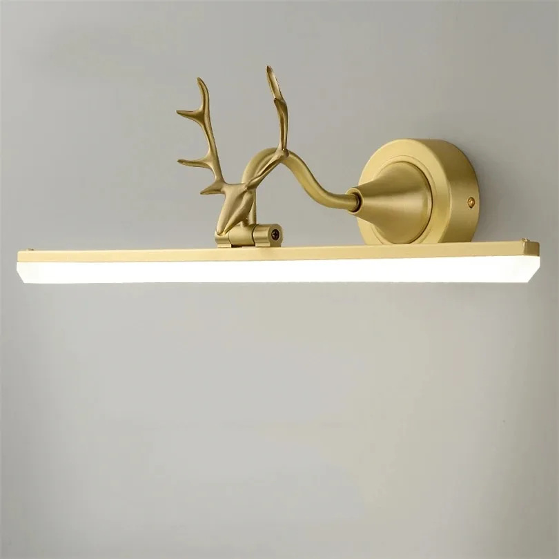 

Vintage full Copper Wall Light Led Home Decor Bathroom Bedroom Cabinet Antlers Vanity Mirror Lamp Waterproof Gold Mirror Lights