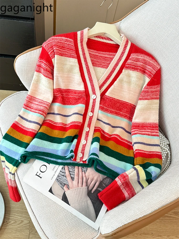 Gaganight Women Dopamine Rainbow Stripe Single Breasted V neck Long Sleeved Knitted Shirt 2024 Women's Autumn Korean Style Top