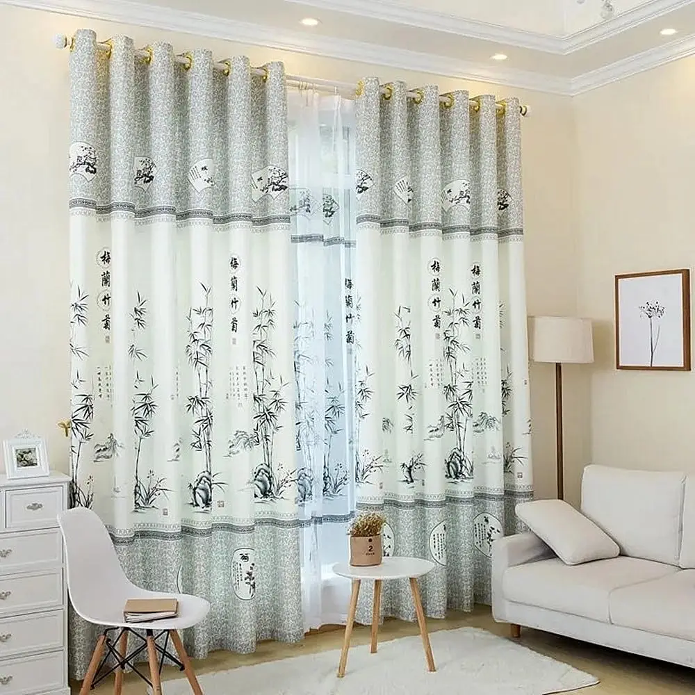 

1 Panel 140cm Width Chinese Curtain for Living Room and Bedroom Bamboo and Plum Blossom Patterned Printed Curtain