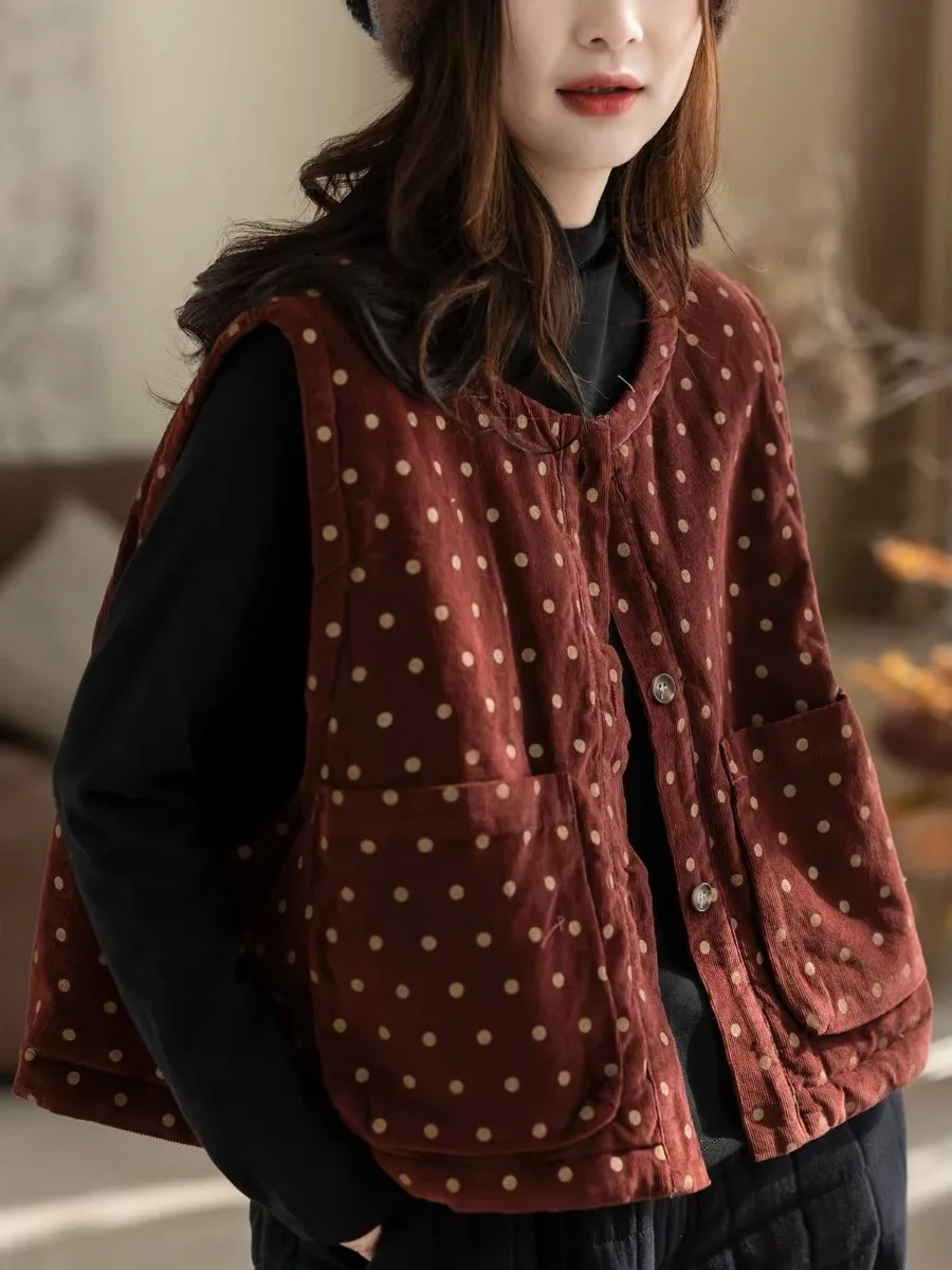 Women's Autumn Winter New Style Sleeveless  Color Corduroy Jacket Cotton Vest Fashionable Casual Thickened Polyester
