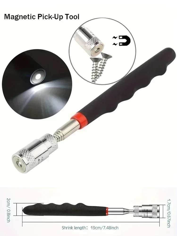 Stylo magnétique télescopique avec lumière LED, tige de ramassage extensible, Mini outil magnétique Portable pour vis écrous boulons pièces métalliques