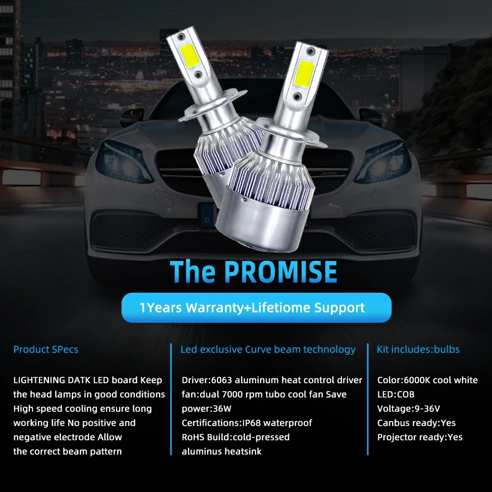 Lampu Depan Mobil LED 2 Buah C6 H4 H7 H11 9005 9006 7600LM 36W Lampu Depan Mobil LED Bohlam Lampu Sorot Tinggi/Rendah Warna 6000K