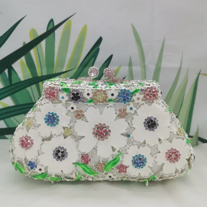 

White Colorful Floral Wedding Party Bridal Ladies Crystal Clutch Purse And Wallet Formal Dinner Banquet Women's Diamond Handbags