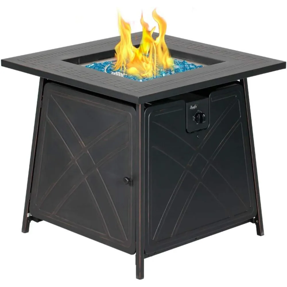 Gas FirePit Table, 28 Inch 50,000 BTU Square Outdoor Propane Fire Pit Table with Lid and Blue Fire Glass, Outdoor Fire Pits