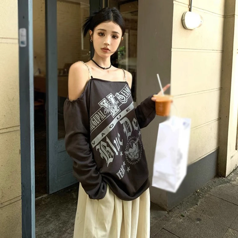 Simple Off Shoulder Neck Street Style Autumn Letter Print Irregular Suspender Design Long Sleeve Spring Top Korean Style