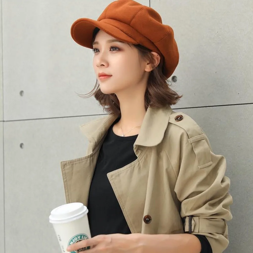 

1Pc Woolen Octagonal Beret Autumn Winter Stylish Warm Cap For Women Girls Caramel