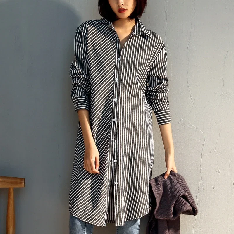 Plus Size Irregular Striped Shirts Womens 2019 Casual BF Style Cotton Tops Female Large Turn-Down Collar Loose Oversize Blouse