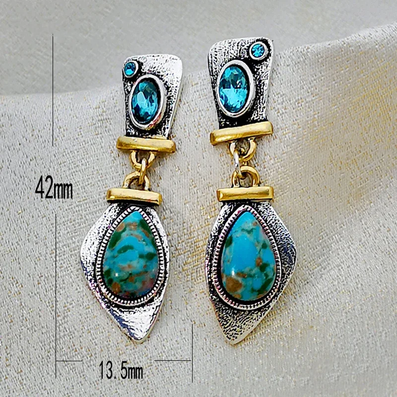 أقراط من الأحجار الخضراء وحجر الراين الأزرق العتيق للنساء ، مجوهرات قبلية ، متدلية معدنية متدلية ، حفلات ، لون مزدوج