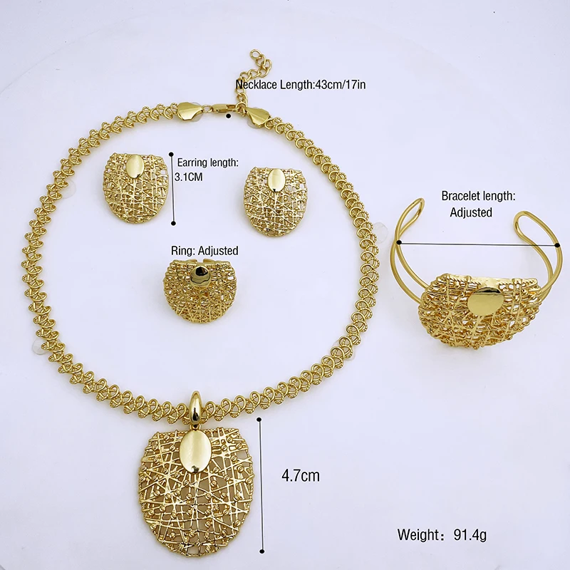 Italy Dubai  Jewelry Set For Woman Party Gift  Shield Pendant  Earrings Weddings Bride Chain Bracelet Ring Set for Gift