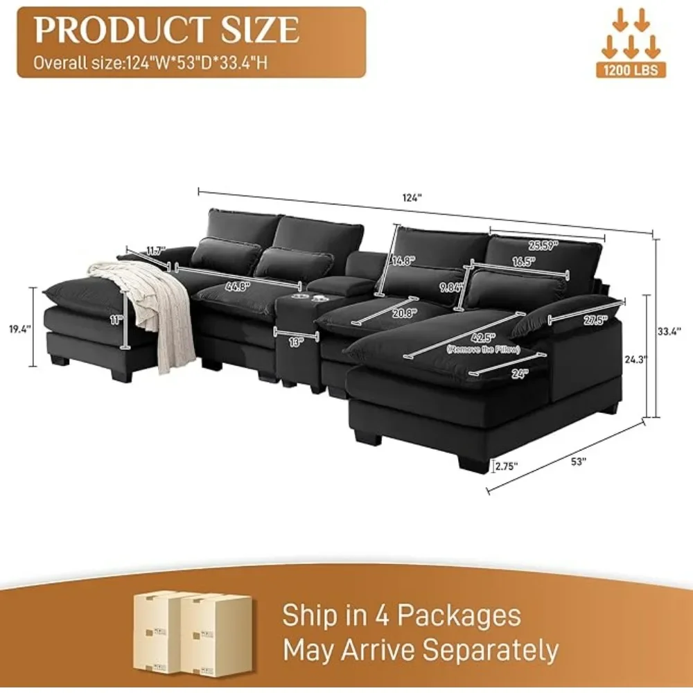 U Shaped Cloud Couch Sectional Sofa,  Modern Modular Sectional Sofa with Central Console & USB Port