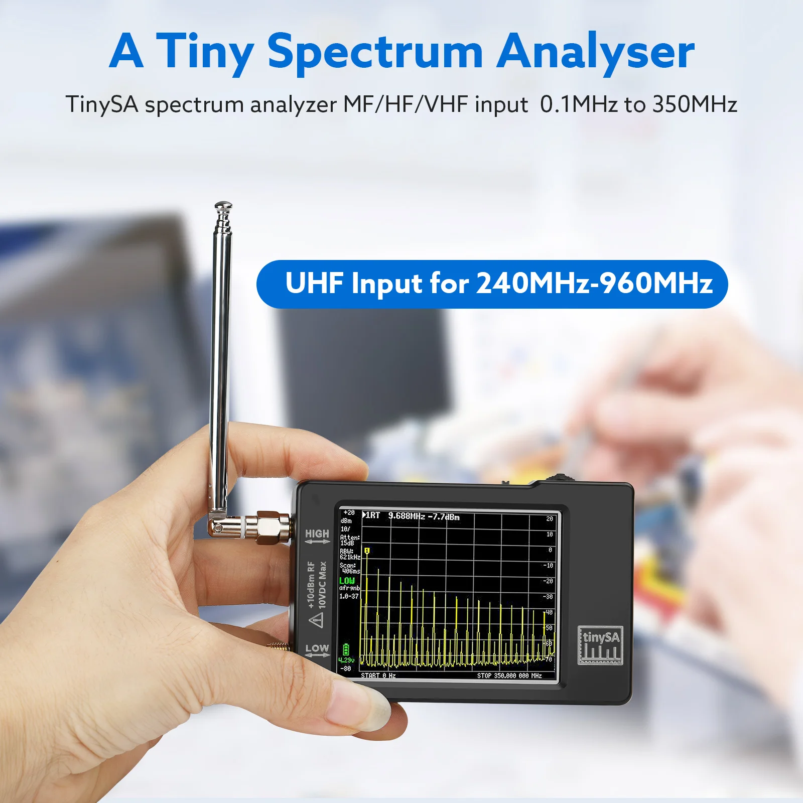 Tinysa-display Spectrum Analyzer Frequência de Entrada Portátil 100khz a 960mhz com Gerador de Sinal Protegido Esd Ttl Usart po 28