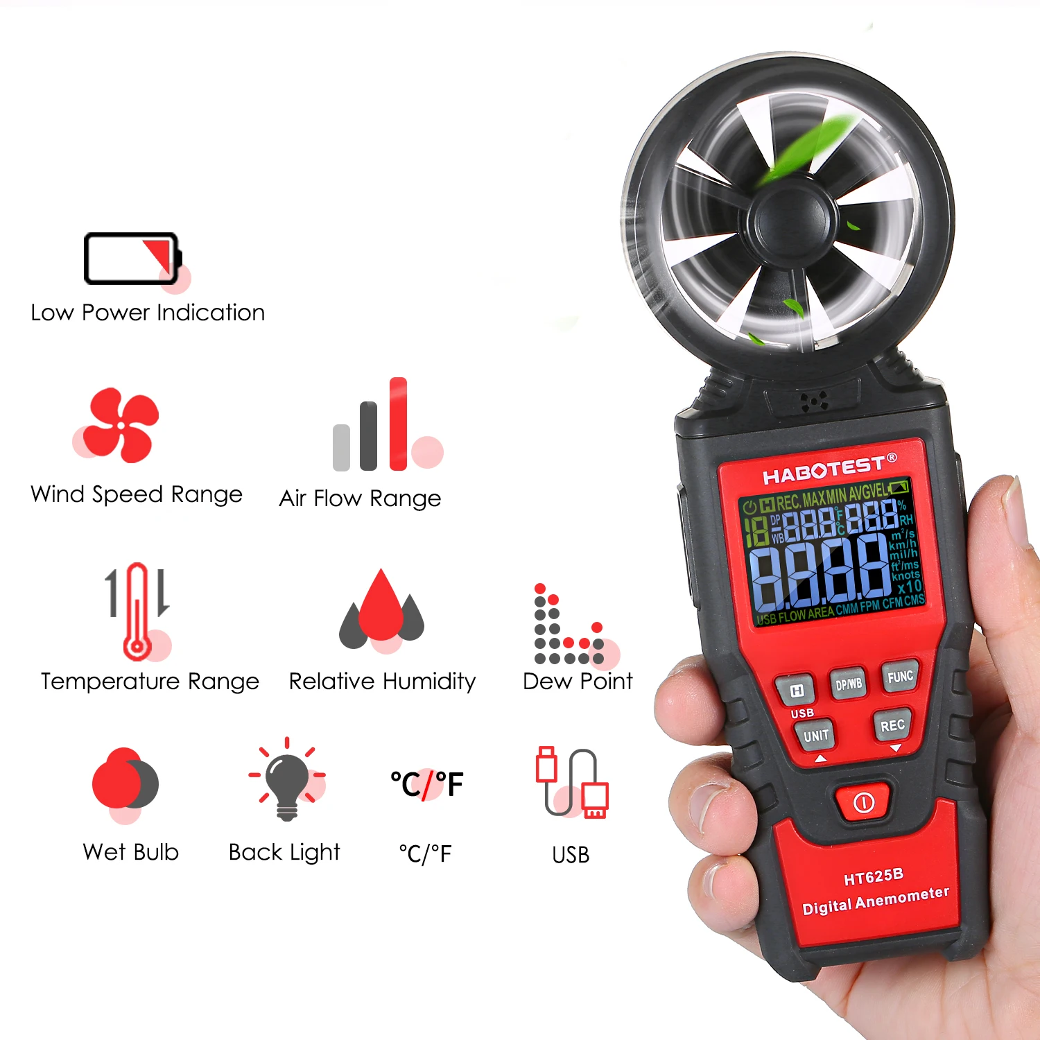 HT625A Handheld Digital Anemometer Electronic Wind Speed Meter Tester 0.01m/s Resolution CE Certified ABS Material
