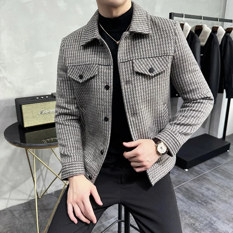 Winter Men\'s Woolen Jacket Lapel Fur Collar Trench Coat Casual Business Wool Blends Social Streetwear Overcoat Men Clothing