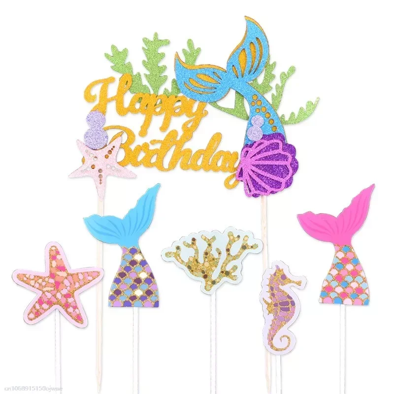 Mermaid Tail Cake Topper Baby Kids Happy Birthday Wedding Anniversary Party Cake Decor DIY Baking Cupcake Toppers Cake Toppers