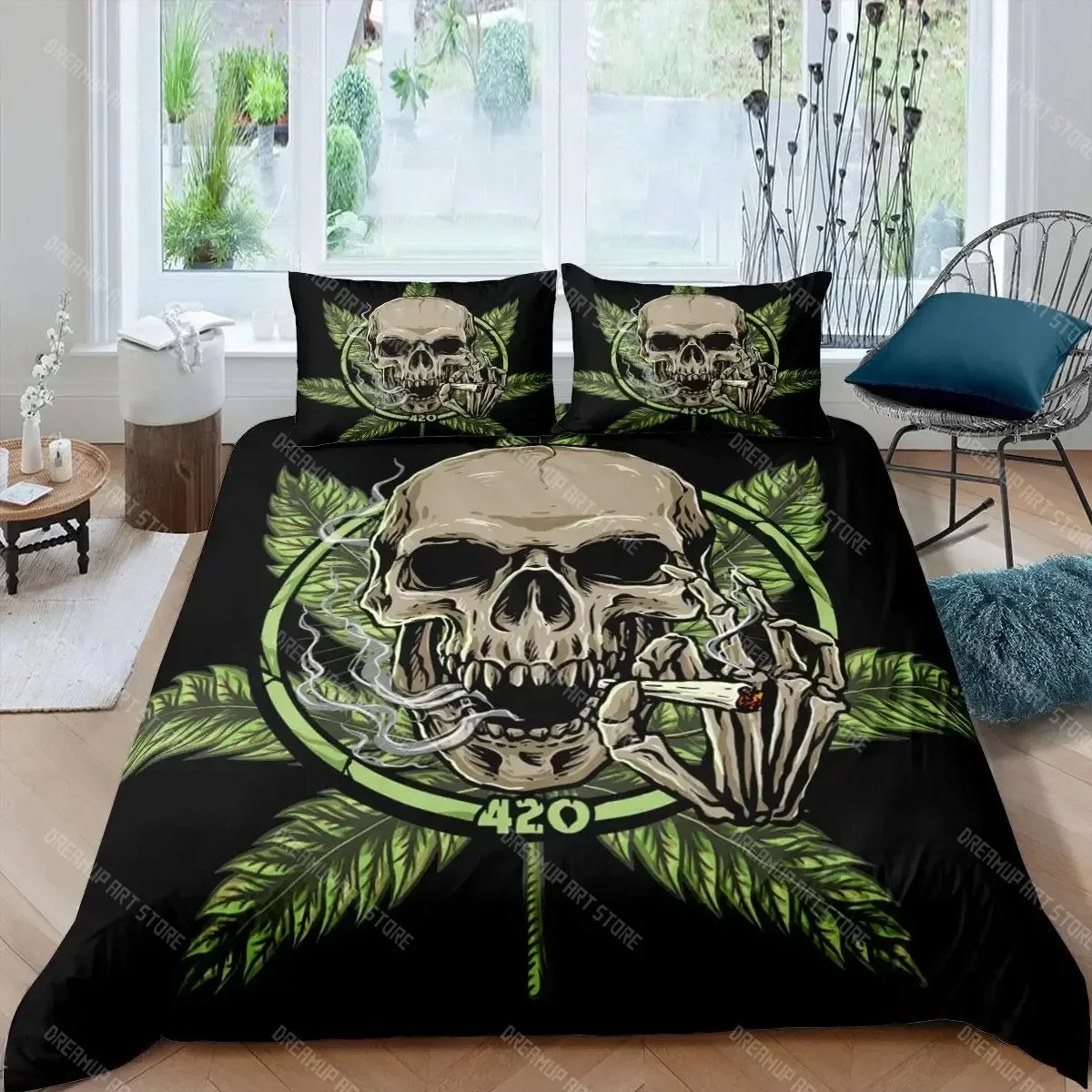 2026 Marijuana Weed Leaf Boys Duvet Cover Set Skull Comforter Cover Set Green Cannabis Bedding Set Gothic Bones Bedspread Cover