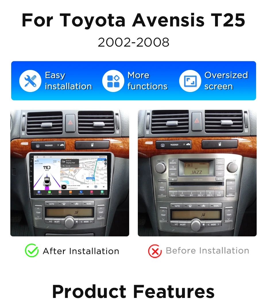 Junsun Android Qualcomm 8 Core 360 Kamera Drahtlose CarPlay für Apple Android Auto Radio Für Toyota Avensis T25 2002-2008 GPS Navi – Detail 3