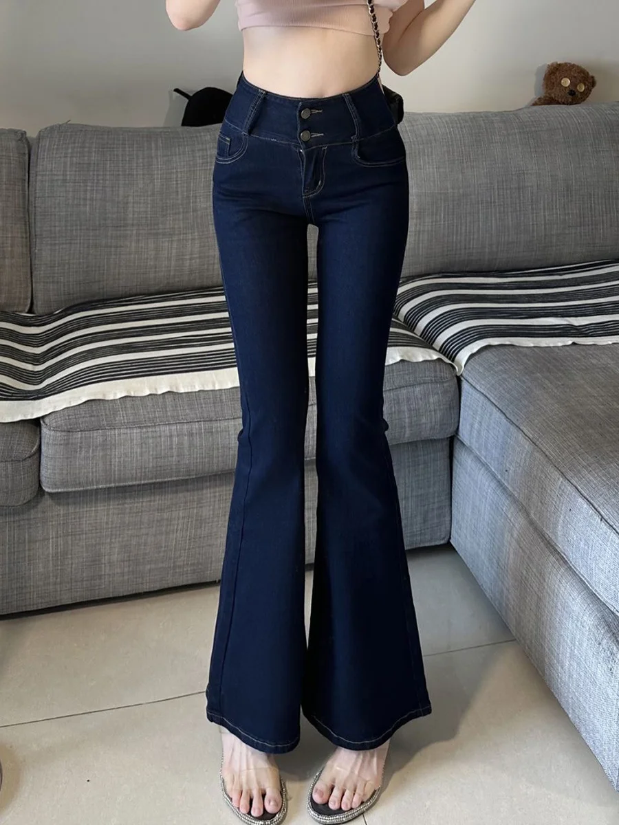

Deep Blue High Waist Button Micro Flare Denim Jeans Women's New Slimming Long Pants Retro Faion Bell Bot