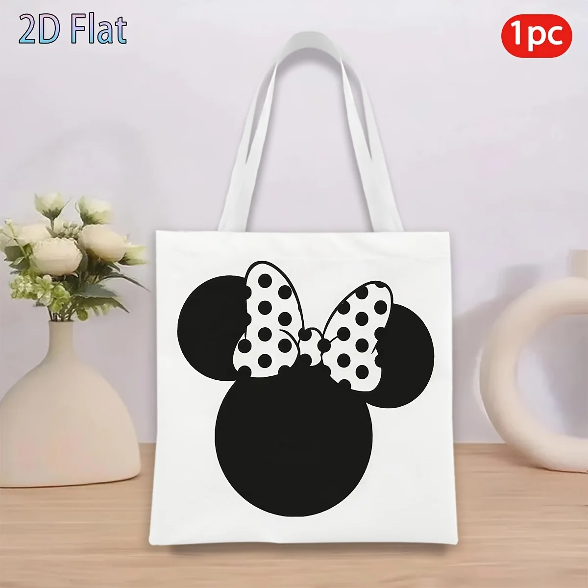 1 bolsa de compras reutilizable con estampado de silueta de la Minnie Mouse y lazo de lunares, adecuada para uso diario, compras, escuela, viajes.