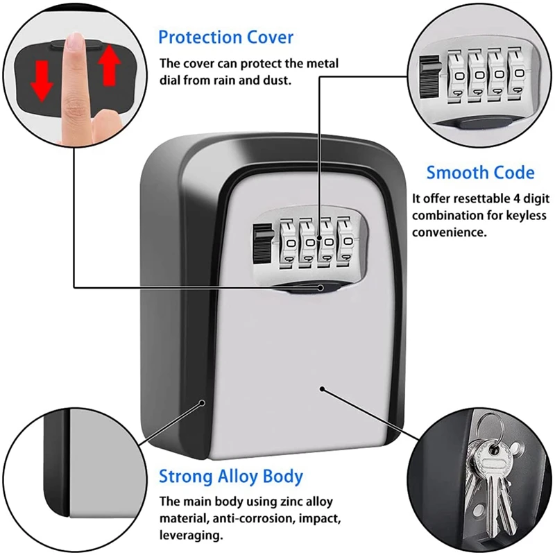 RISE-Key Lock Box 4-Digit Combination Waterproof Portable Wall-Mounted Key Storage Box For Home, Hotels Combination Lock Box