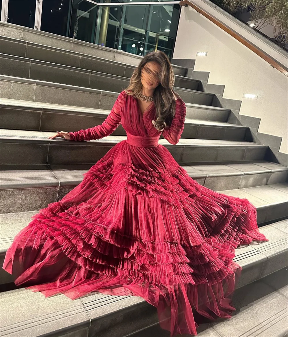 Cathy Red V-neck Tulle Prom Dresses A-line Long Sleeves فساتين السهرة Elegant Floor-length Tiered Ruffle Vestidos De Noche 2024