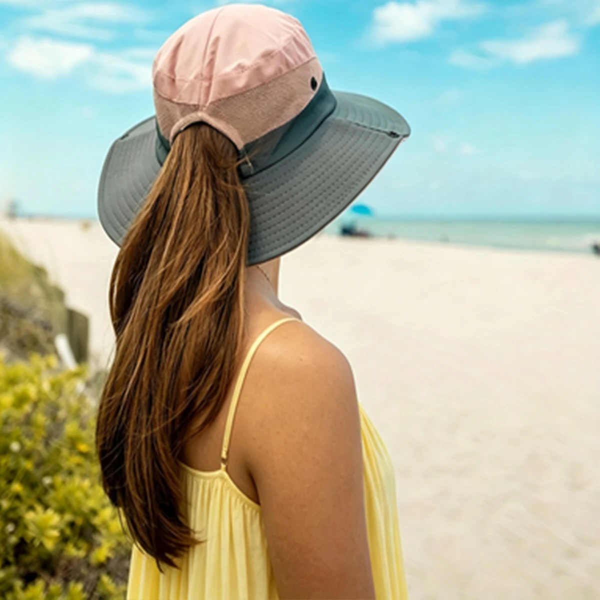 Faltbarer Sonnenhut mit UV-Schutz für Damen |   Netz-Strand- und Angelhut mit breiter Krempe und Pferdeschwanzloch für Outdoor-Aktivitäten