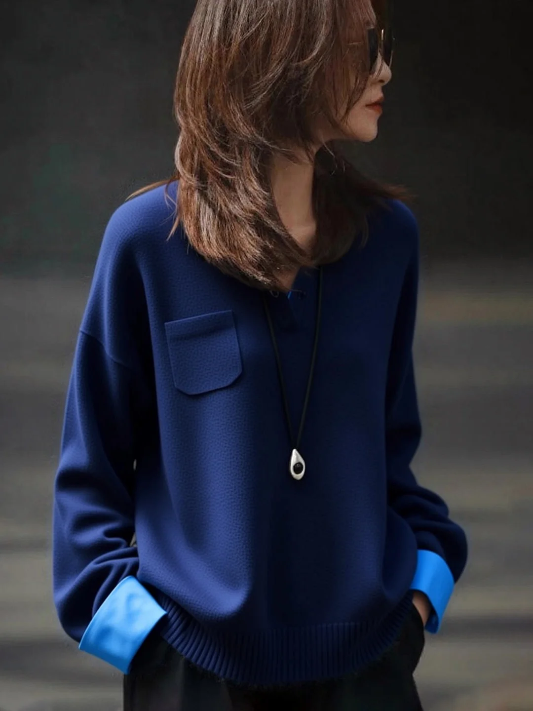 

Весенний женский повседневный свободный вязаный свитер с цветными манжетами, универсальный, удобный, в корейском стиле, с длинными рукавами, V-образным вырезом, шерстяной топ