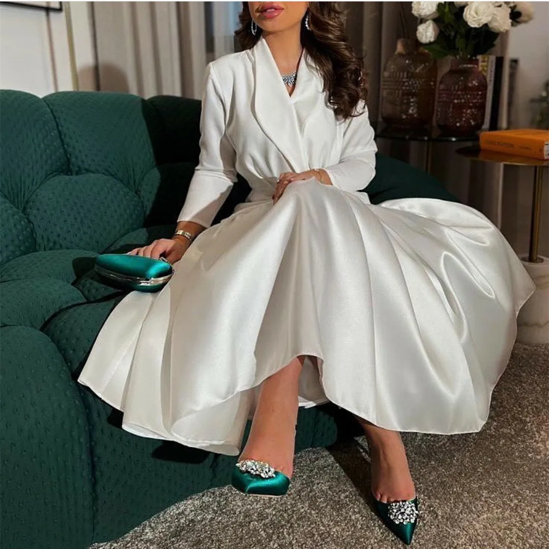 White A-Line Satin Evening Dresses with Pockets Elegant Short Muslim Tea Length Pleated Zipper Formal Party Dress for Women