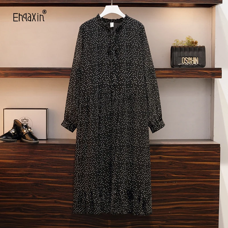 

EHQAXIN 2024 Early Autumn Fashion Dress Retro Floral Loose Long Chiffon Long Sleeve Lace-Up Ruffle Dresses For Female S-3XL