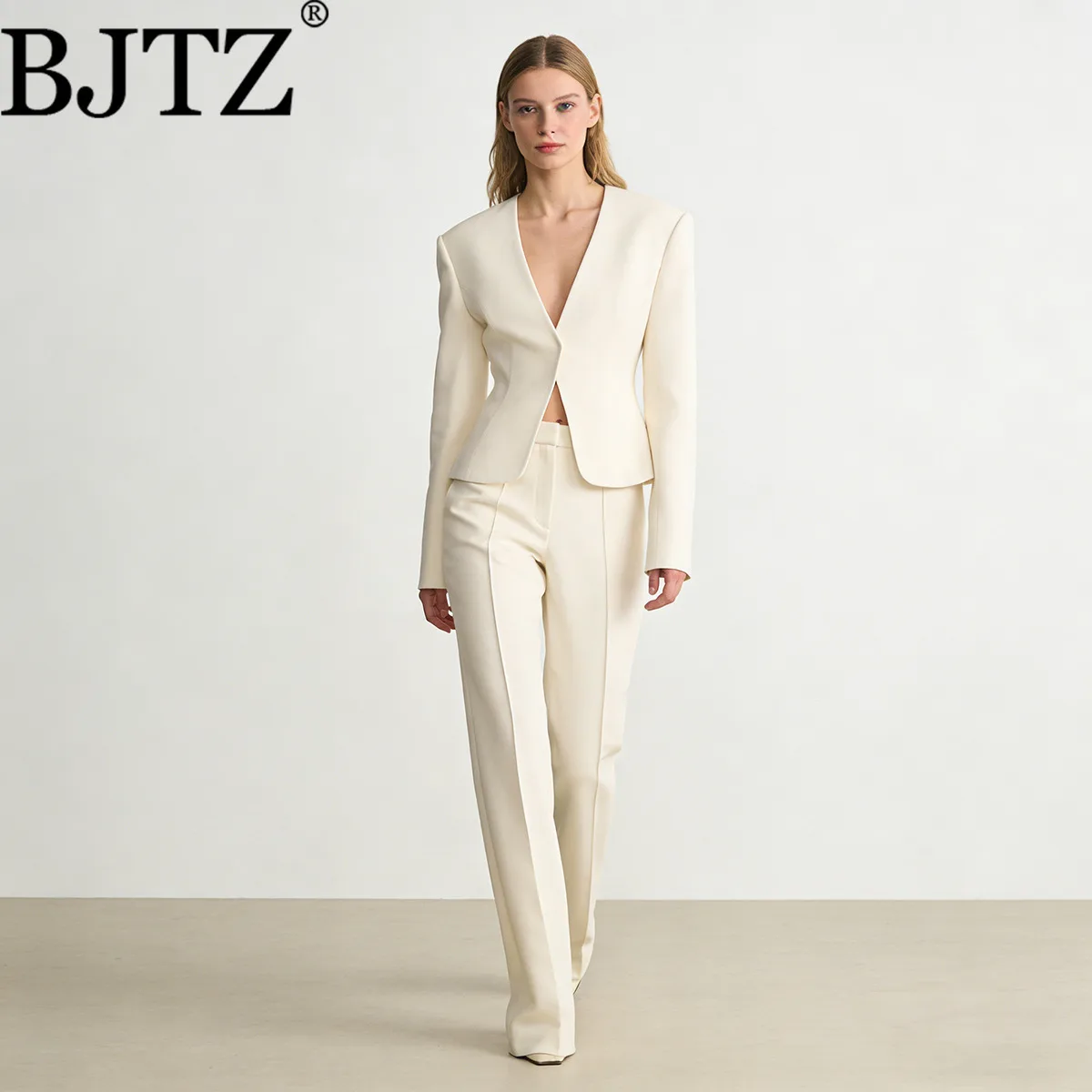 

BJTZ 2026 Spring Autumn Women's V-Neck Jacket - Elegant Office Long Sleeve Solid Color Casual Top