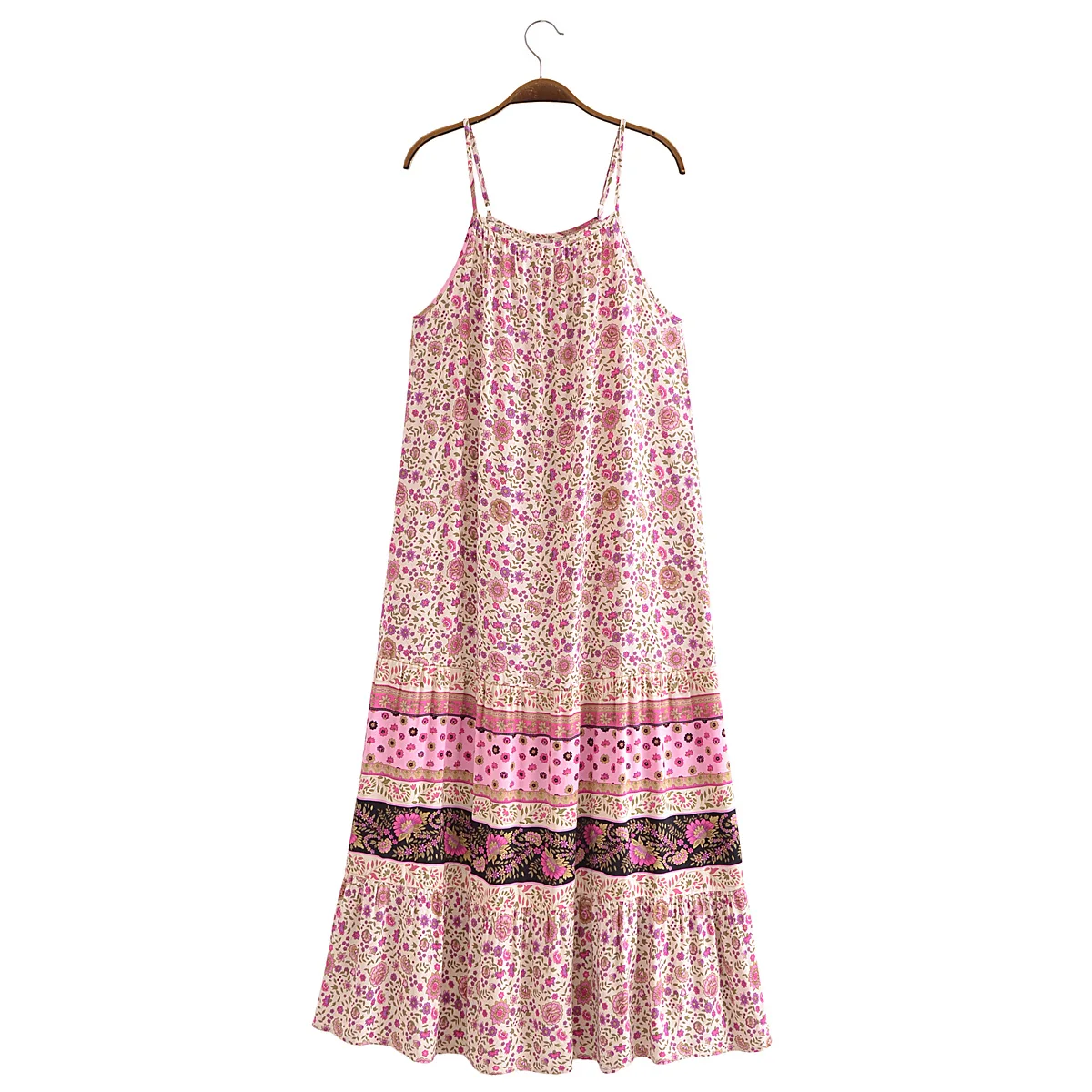 Vestido largo bohemio con estampado de flores para mujer, vestido Midi holgado con dobladillo fruncido, Color verde contrastante, 2023