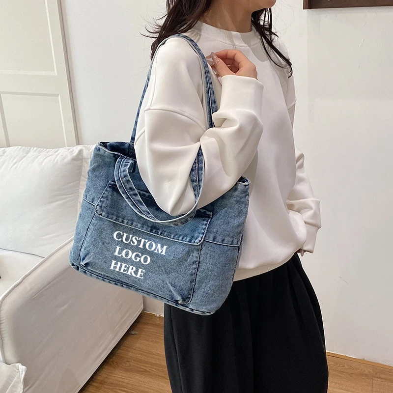Custom Logo Portable Women Denim Shoulder Bags Simple Large Capacity Ladies Handbags Solid Color College Style Female Tote Bag