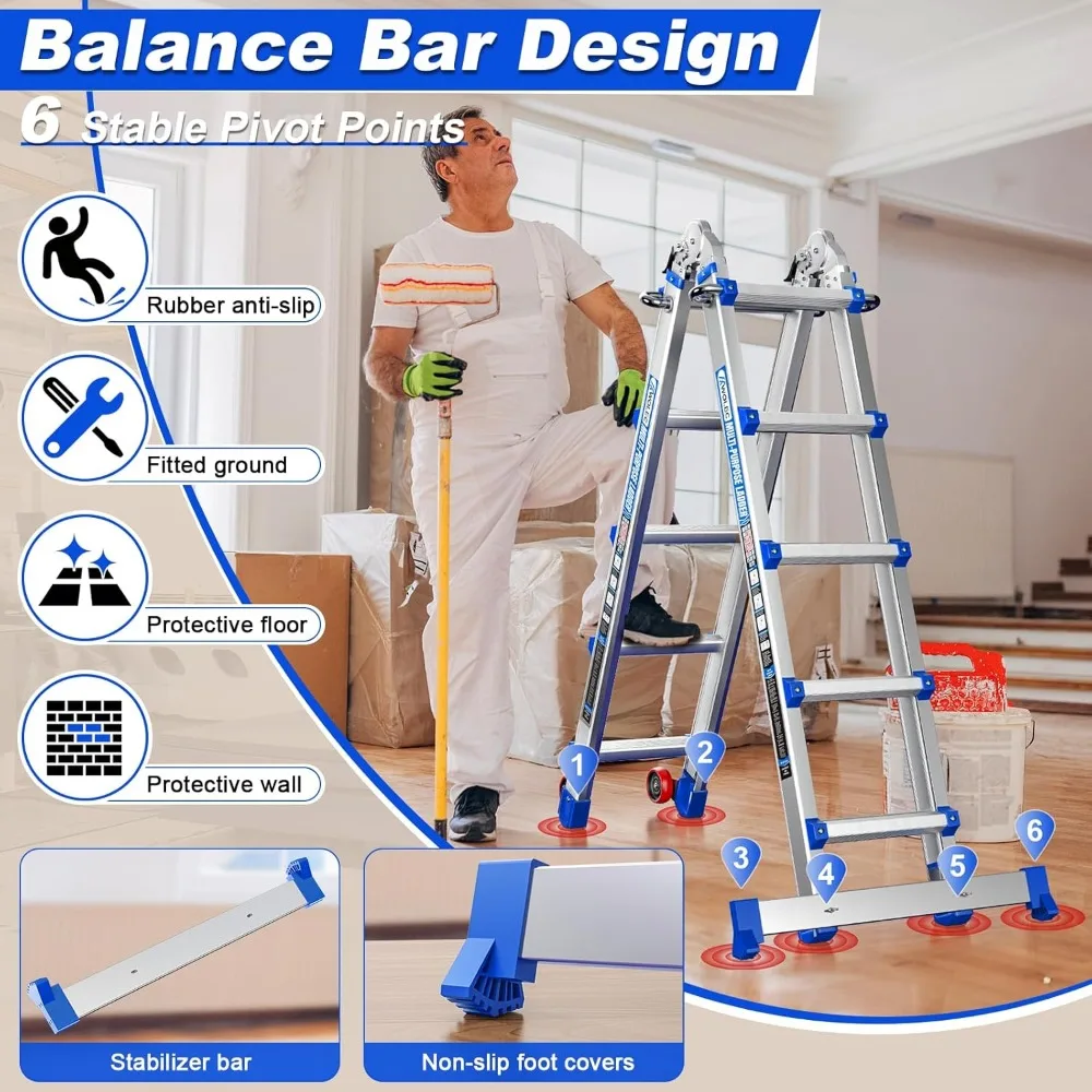 سلم تمديد قابل للطي بطول 17 قدم مع عجلات وقضيب تثبيت - سلم بوزن 330 رطل متعدد المواضع على شكل حرف A للأمان #3