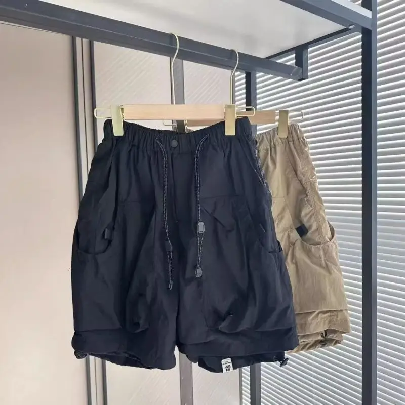 Men Trendy Vintage Streetwear Y2K Sports Straight Short Cargo Pants Summer Casual Solid Oversized Drawstring Pocket Beach Shorts