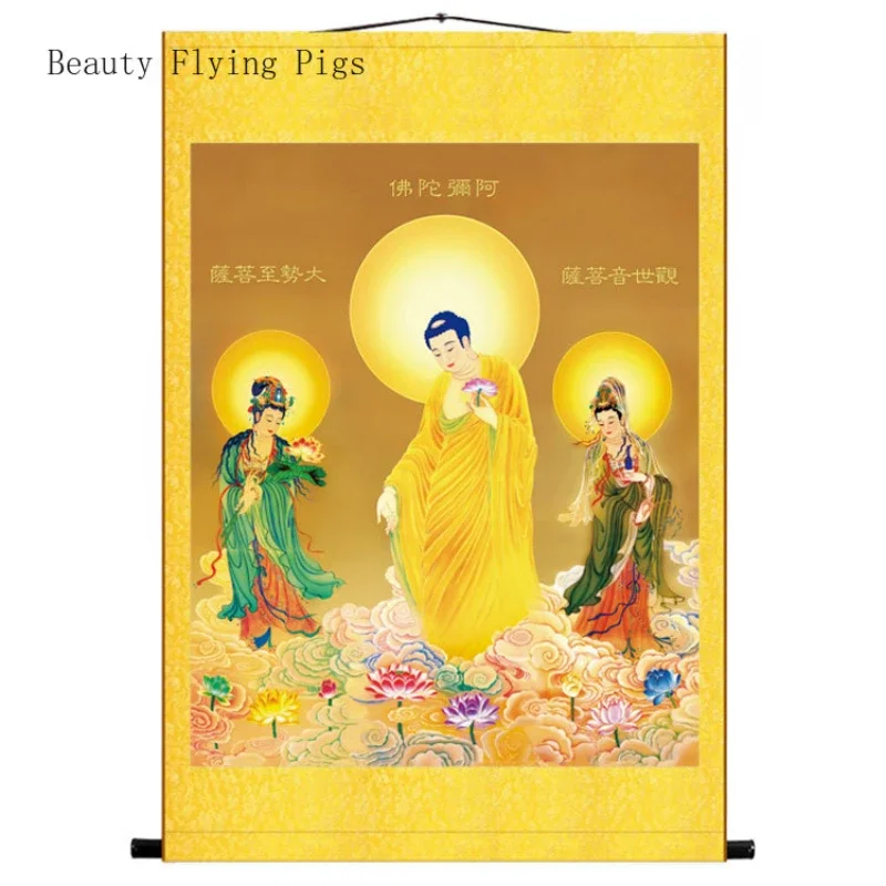 Customized Chinese Style Silk Cloth Scroll Painting of The Amitabha Avalokitesvara Statue of The Three Saints of The West