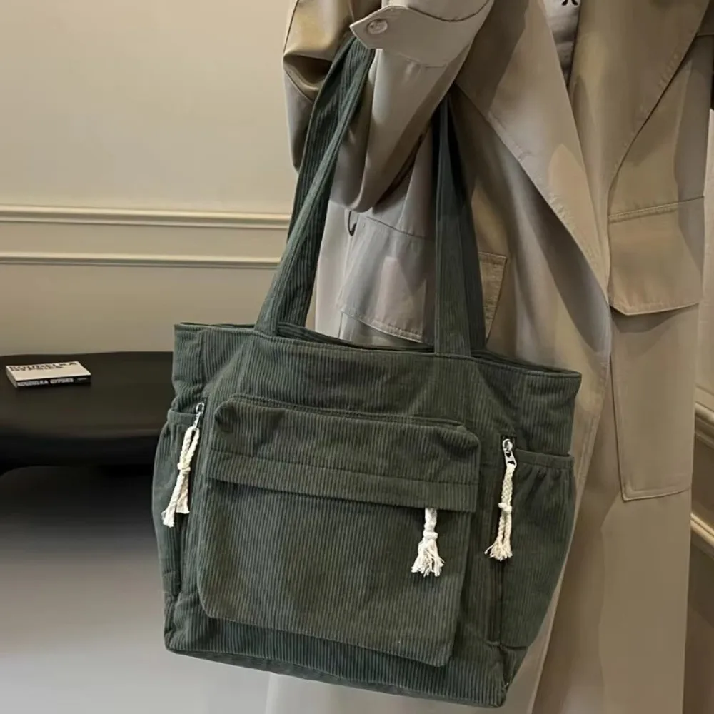 Corduroy Work Shoulder Bag Large Capacity Casual Crossbody Bag Solid Color with Multiple Pocket Tote Bag Handbags For Women