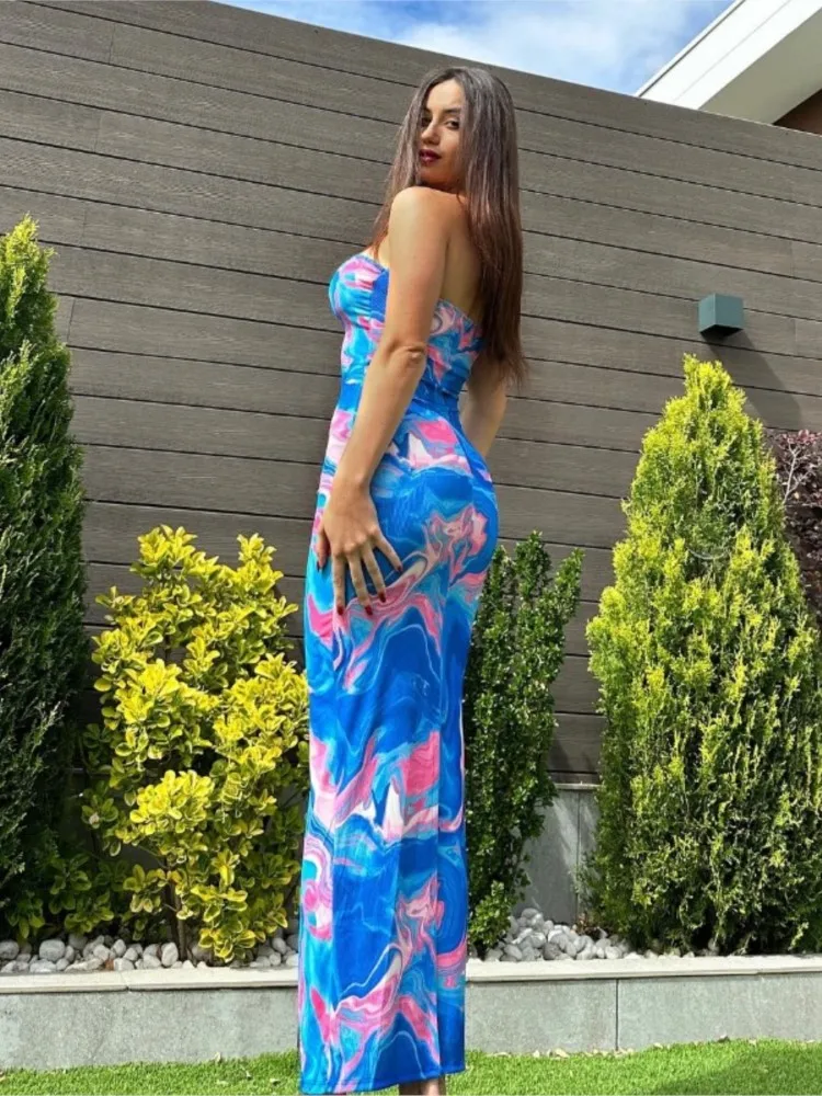 Trendy Print Slim Tube Top abiti donna Fashion Package Hip Bodycon fessura senza maniche Party Dress femminile Streetwear Club Vestidos