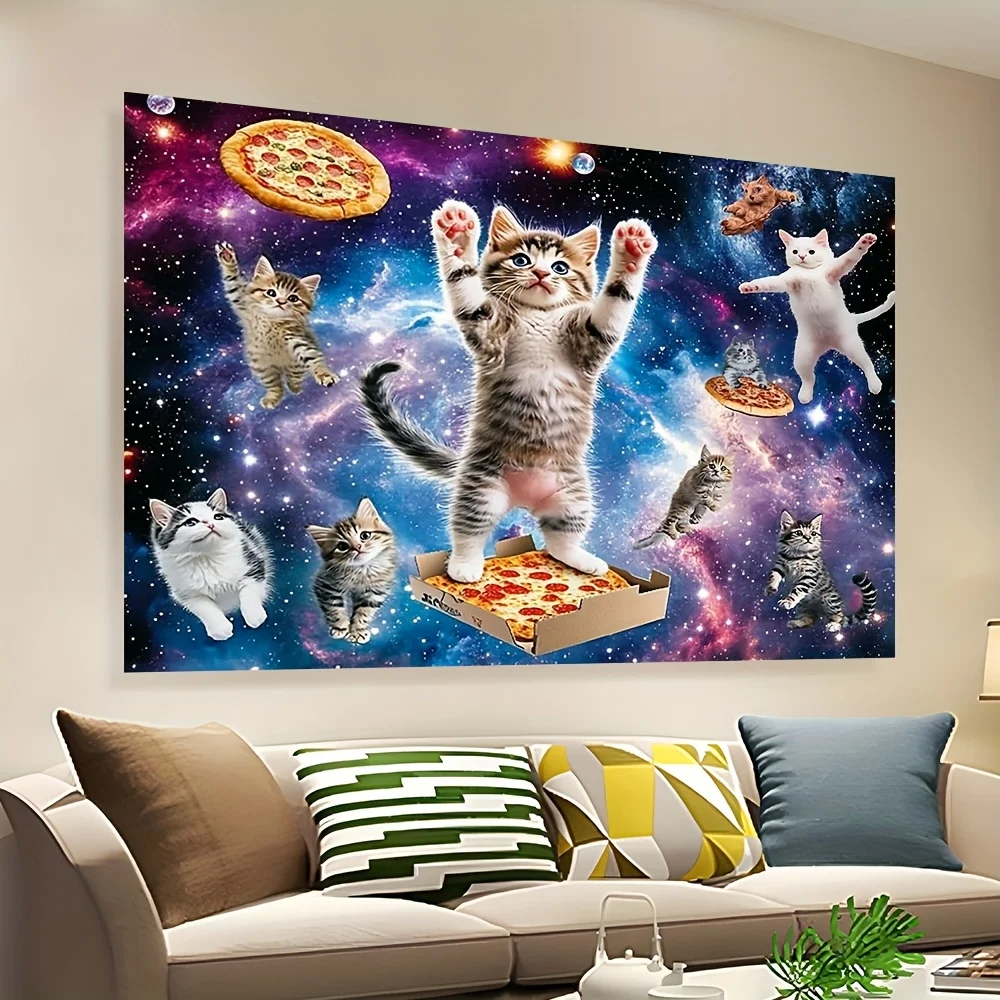 Space Cat Tapestry – Cosmic Pizza Adventure, Whimsical Galaxy Wall Hanging, for Bedroom or Dorm Decor