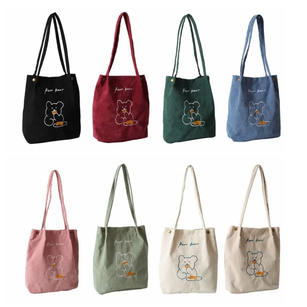 

Casual Kawaii Corduroy Women's Bag Reusable Bear Embroidered Women Shoulder Bag Foldable Lightweight Shopping Handbag Outdoor