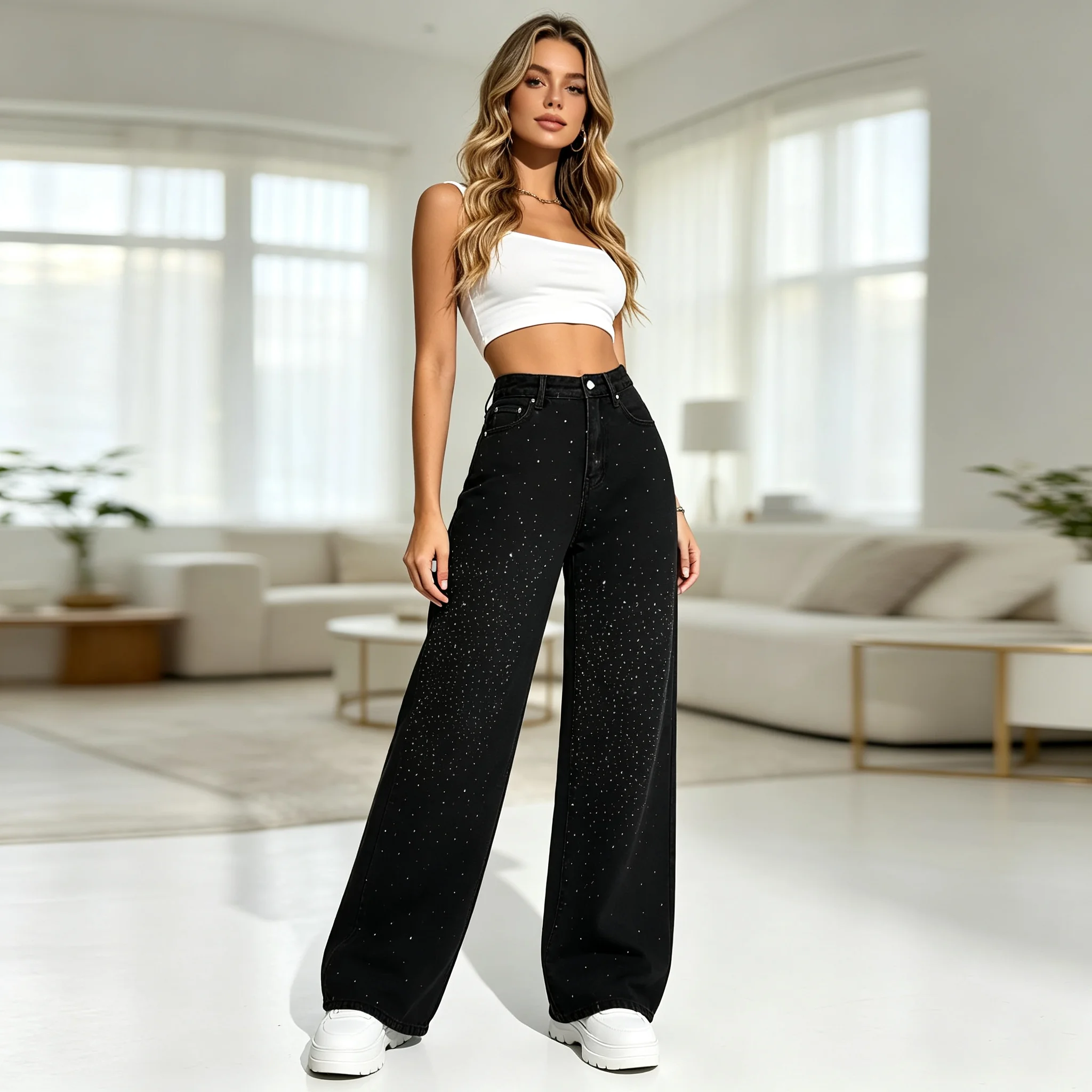 Women's straight black bottom flash diamond decorative jeans, casual and versatile, slim and slim.