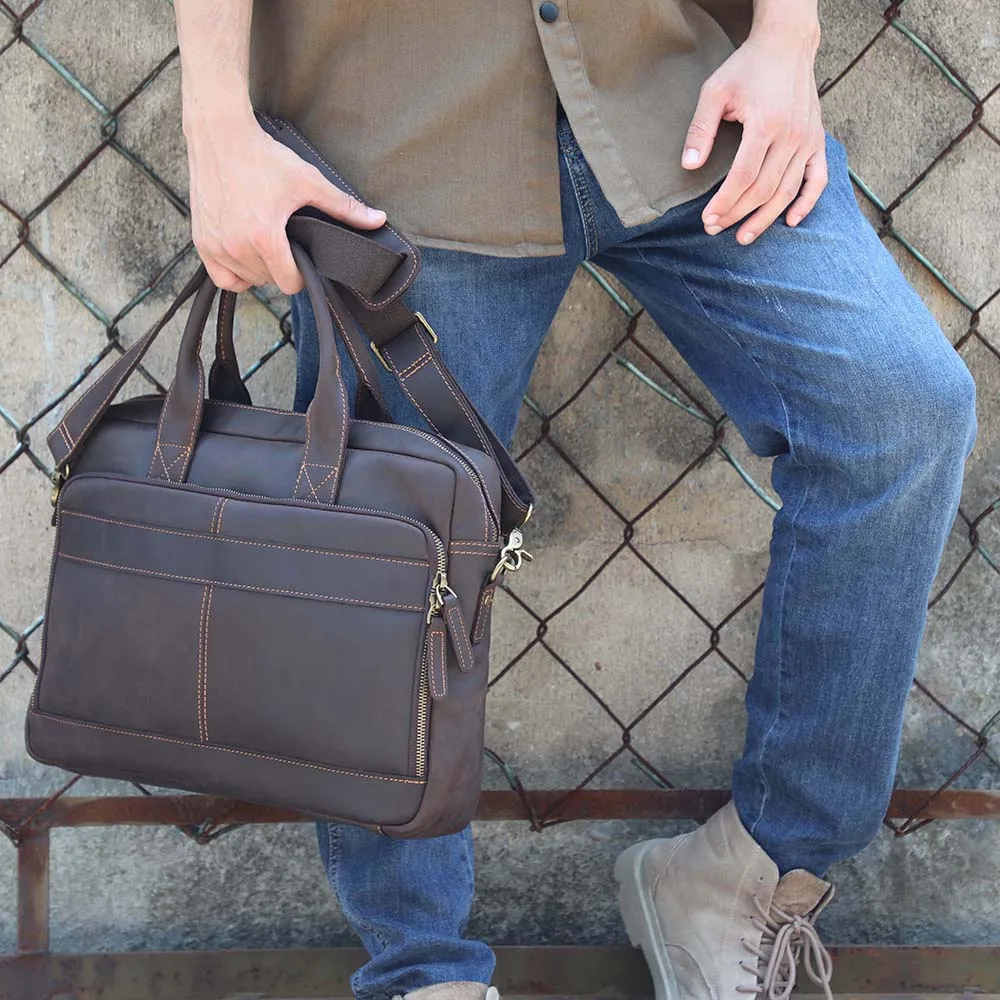 Vintage Echtleder Herren Aktentasche 15" Laptop-Tasche Arbeits- und Business-Herrentasche aus Crazy Horse Leder Schultertasche Handtasche – Detail 4