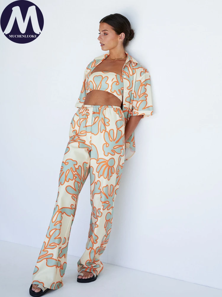 Half Sleeve Tops and Pants Set for Women, Casual Loose Suits, Wide Leg Pants, New Fashion Printing, Summer, 3 Pieces