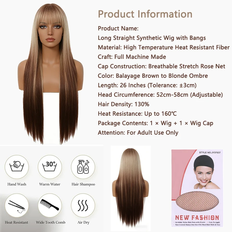 Long Straight Brown Blonde Balayage Ombre Wig For Women Air Bangs Pre Styled Fluffy Heat Resistant Synthetic Wig For Party Cos