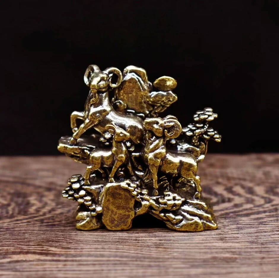 Vintage Brass Three Rams Figurine Metal Three Goats on Rock Statue Mini Desktop Ornament Chinese Style Collectible Decoration