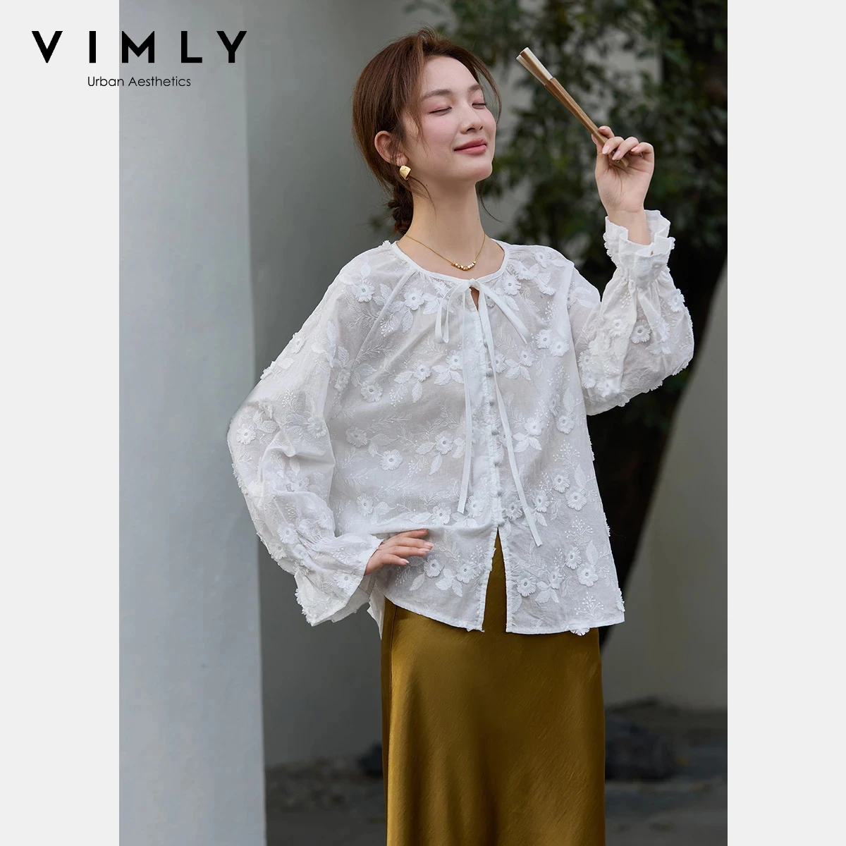 

VIMLY Women’s White Tie Neck Blouse 2026 Spring New 3D Floral Applique Design Puff Sleeve Round Neck Casual Top Female 30807