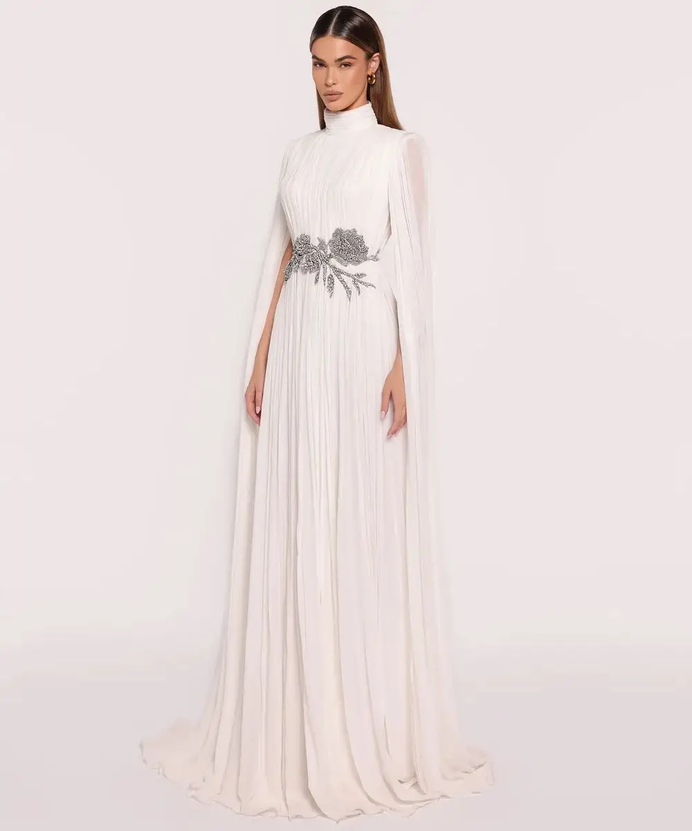 

Arabic White A Line Evening Dresses Vintage High Neck Prom Gowns with Long Shawls Elegant Chiffon Customized Wedding Guest Gowns
