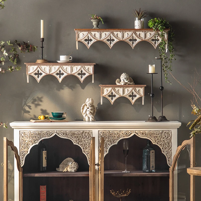 

American retro art creative wall hanging residential shelf living room decorative wall hanging wood art carved dining side