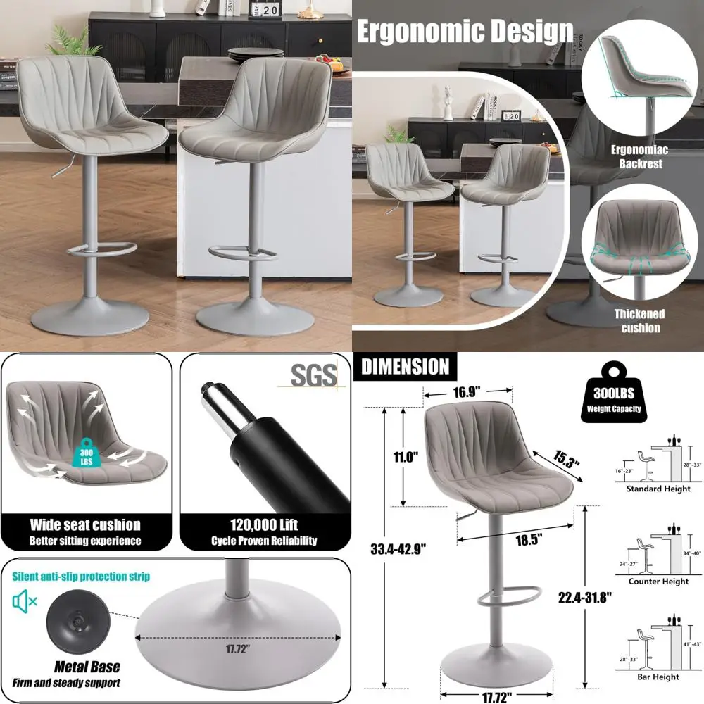 

Gray Adjustable Swivel Counter Height Bar Stools Set of 2 - Modern Upholstered PU Leather Chairs