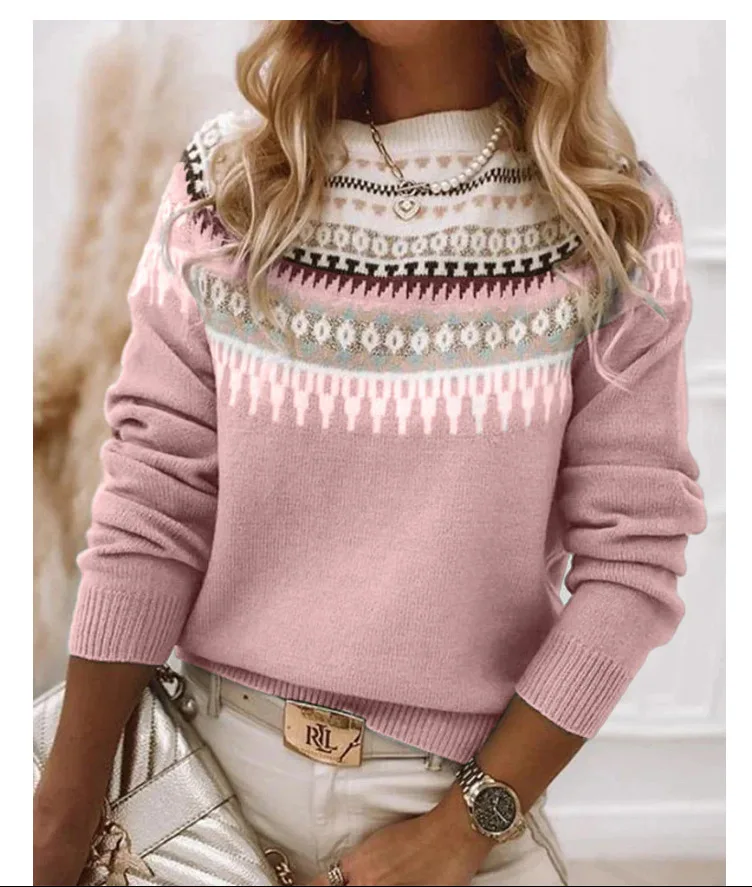2026 women's new fashion trend commutin versatile temperament round neck color matching loose fashion pullover sweater for women