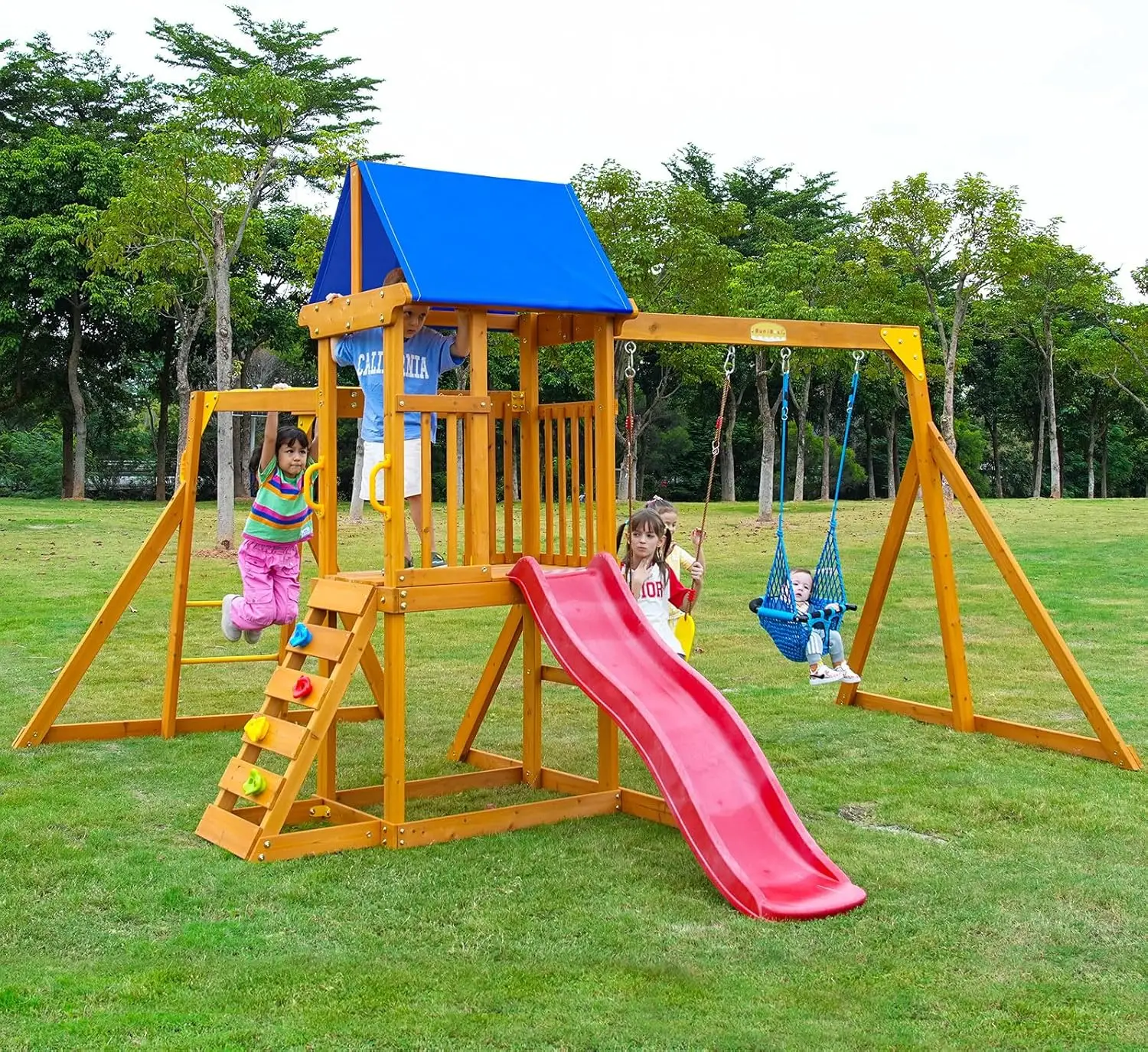 

Wooden Swing Sets for Backyard, Playground Sets for Backyards with a Slide, Rock Climbing Wall, Sandbox, Colorful Shed Cloth, Mo